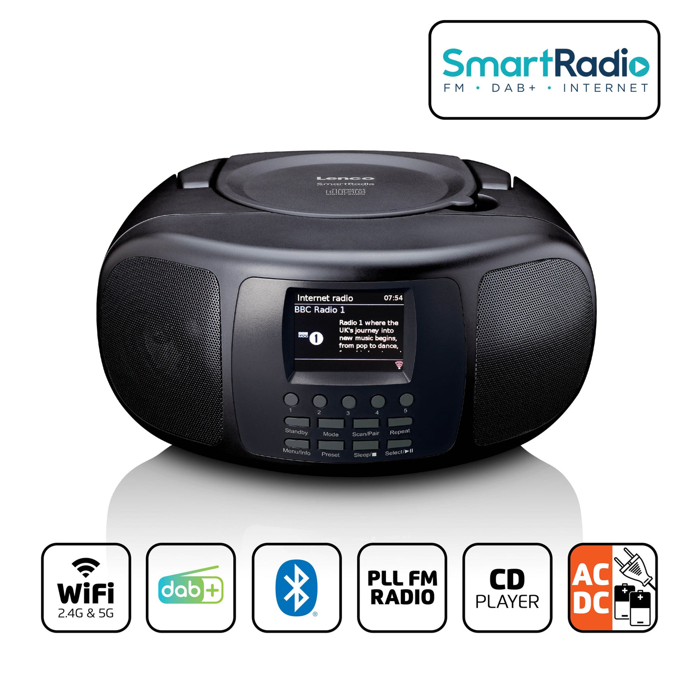 Lenco SCD-6000BK - Tragbares Internetradio mit DAB+/FM, Bluetooth®, CD-Player und großem LCD-Farbdisplay - Schwarz