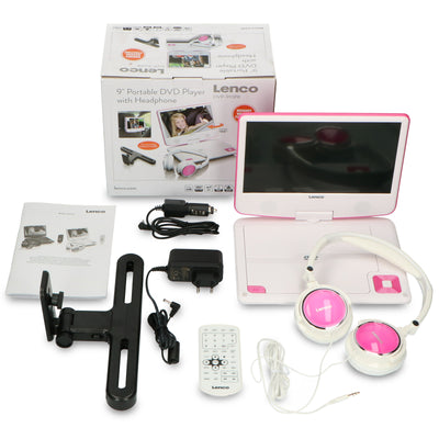 Lenco DVP-910PK - 9 Zoll tragbarer DVD-Spieler mit Kopfhörer und Kopfstützenbefestigung - integrierter Akku - USB-Eingang - Pink/Weiß