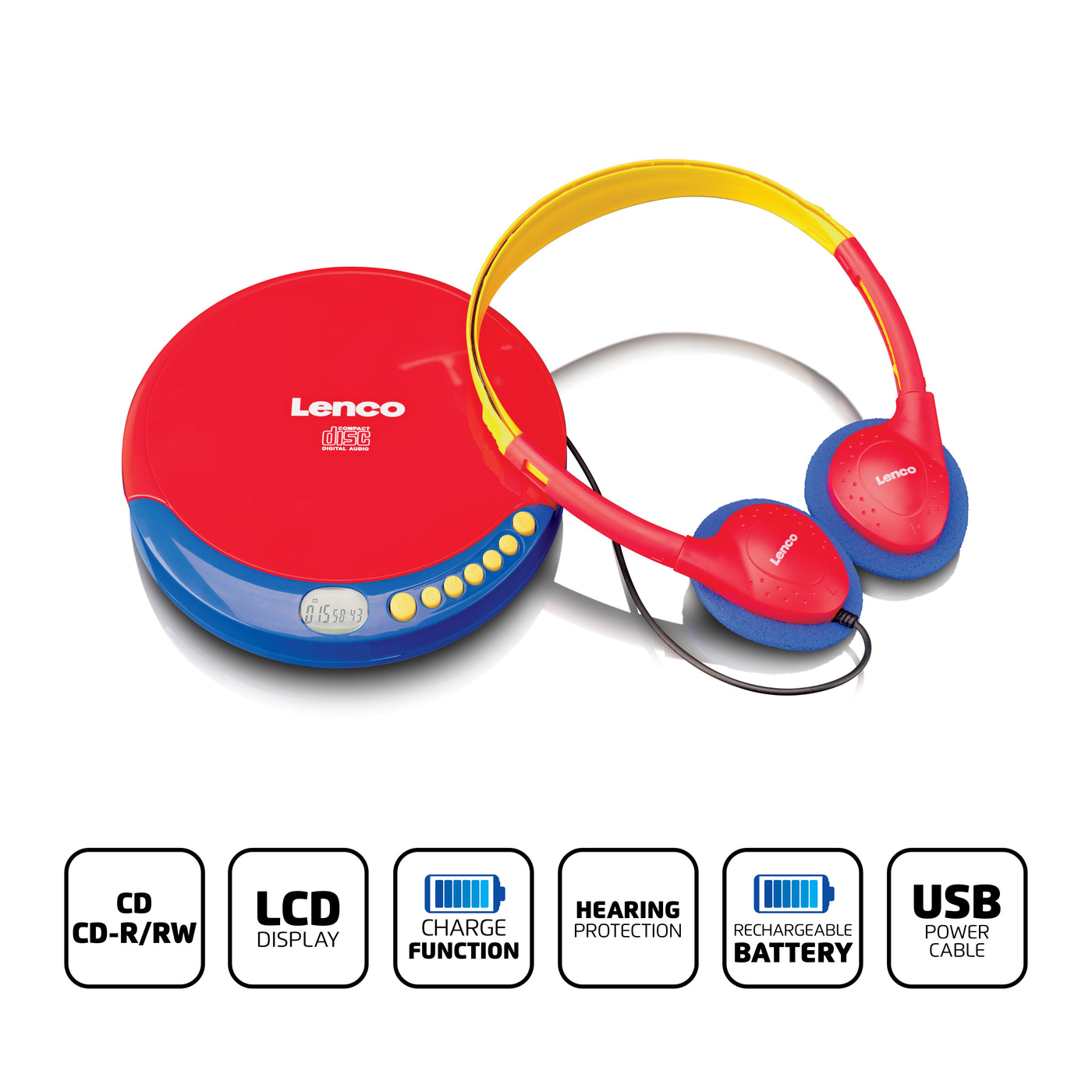 Lenco CD-021KIDS - Tragbarer CD-Player für Kinder mit Kopfhörer, wiederaufladbaren Batterien und integriertem Schallschutz - Mehrfarbig