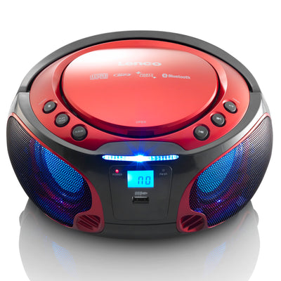 Lenco SCD-550RD - Tragbares FM-Radio mit CD/MP3-Player - Bluetooth® - USB-Anschluß - Lichteffekte - Kopfhörerausgang - Rot