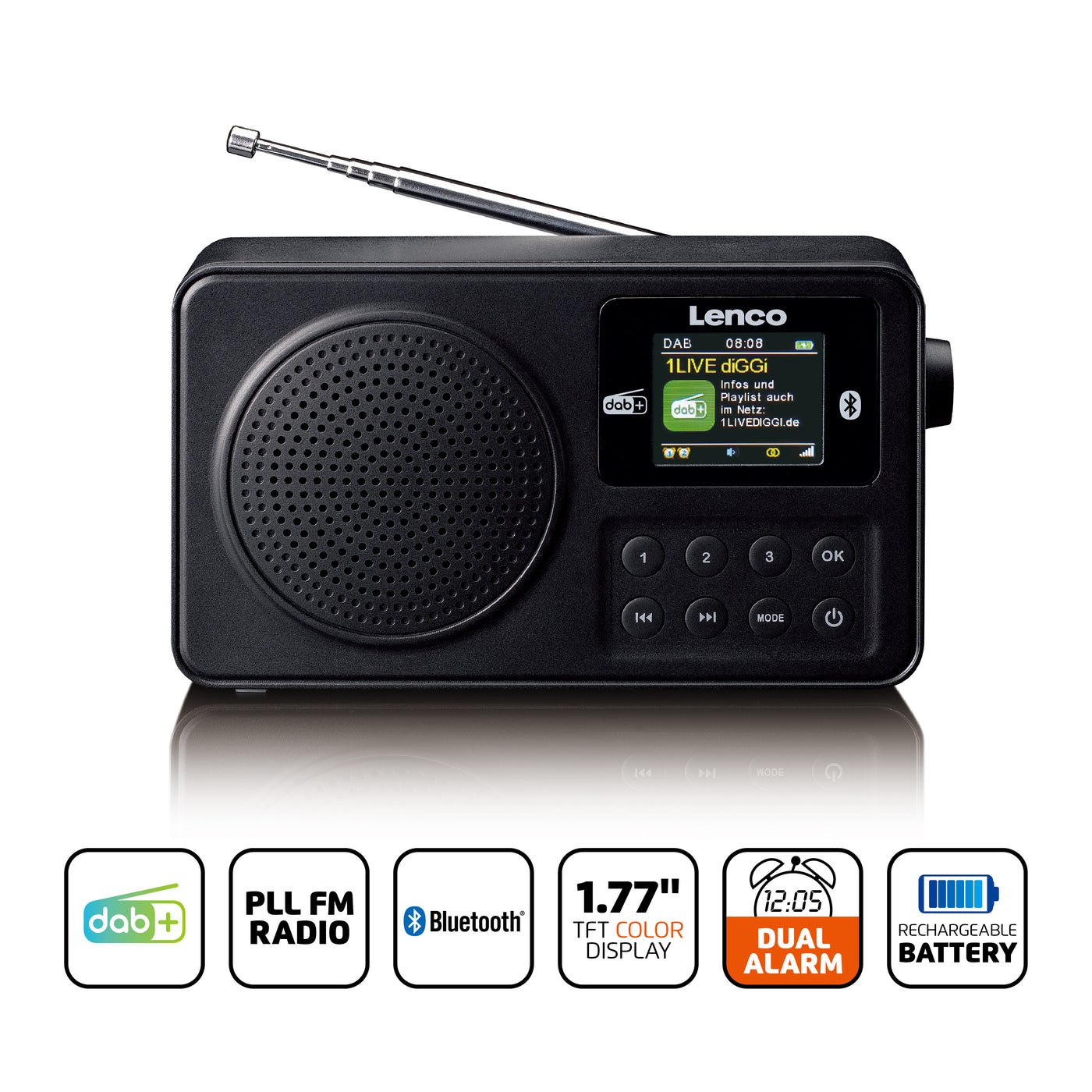 Lenco PDR-033BK - Tragbares DAB+/FM-Radio mit Bluetooth® und wiederaufladbarem Akku - Schwarz