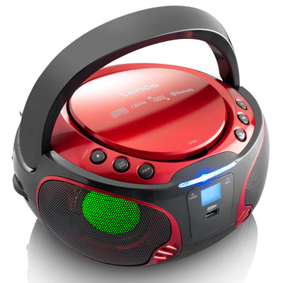 Lenco SCD-550RD - Tragbares FM-Radio mit CD/MP3-Player - Bluetooth® - USB-Anschluß - Lichteffekte - Kopfhörerausgang - Rot