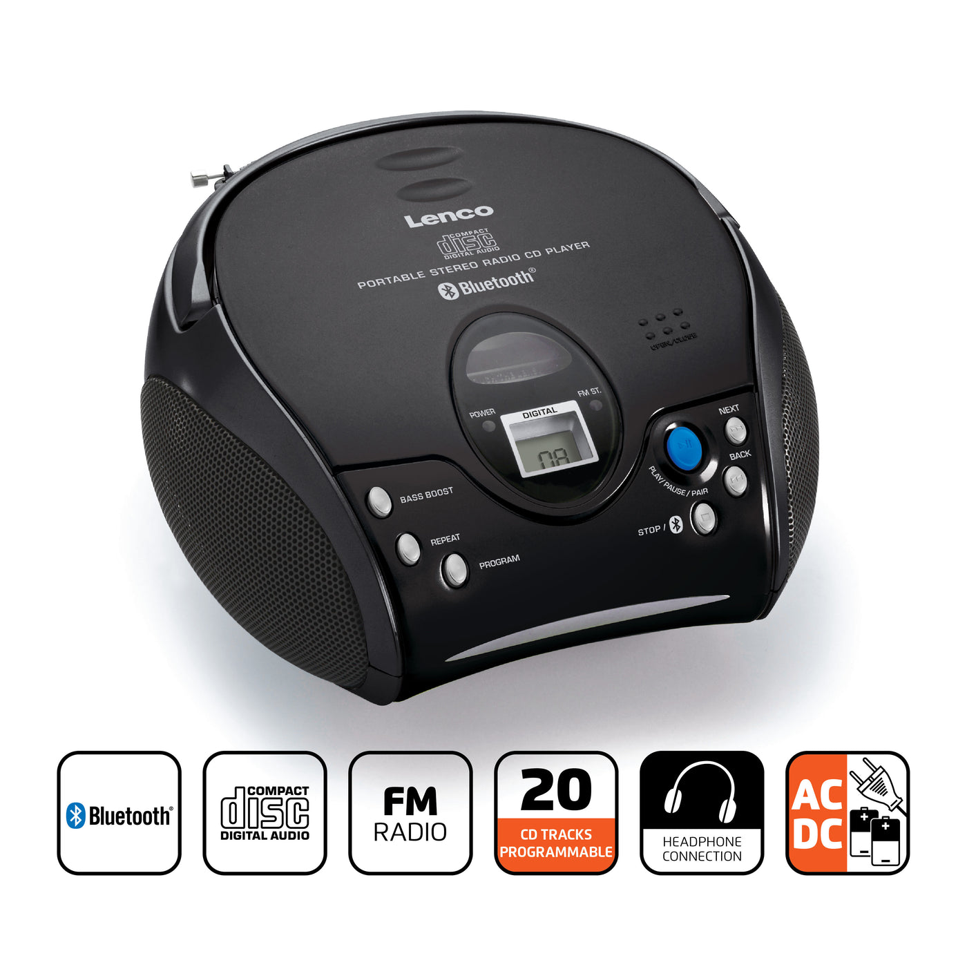 Lenco SCD-32BT - Tragbarer CD-Player mit UKW-Radio und Bluetooth®, Schwarz