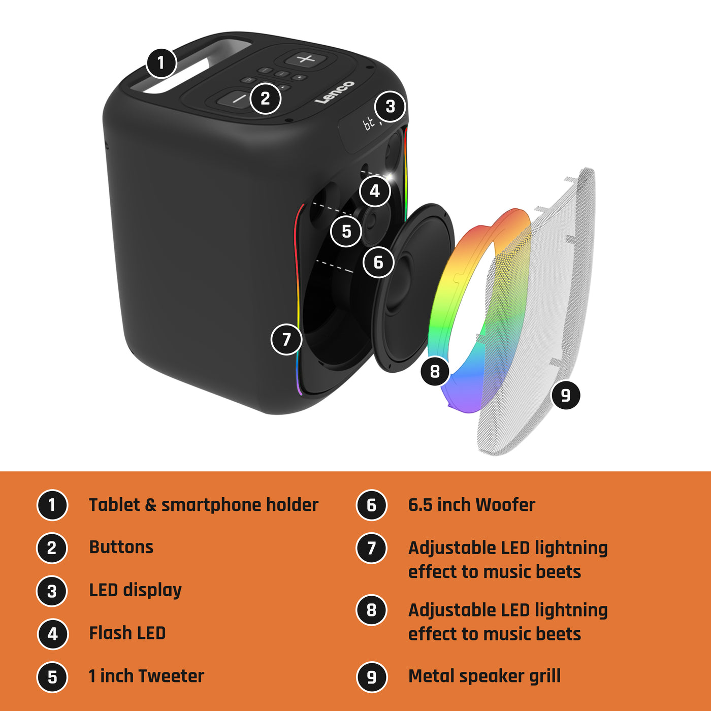 Lenco PA-100BK - Bluetooth® Party-Lautsprecher mit LED-Lichteffekten - 100W RMS, USB, 14 Stunden Batterielaufzeit - Schwarz