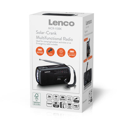 Lenco MCR-113BK - Tragbares Notfall Kurbelradio mit Aufziehfunktion, Taschenlampe und Powerbank in einem - Schwarz