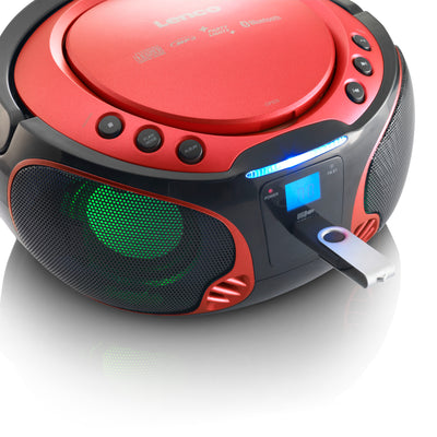 Lenco SCD-550RD - Tragbares FM-Radio mit CD/MP3-Player - Bluetooth® - USB-Anschluß - Lichteffekte - Kopfhörerausgang - Rot