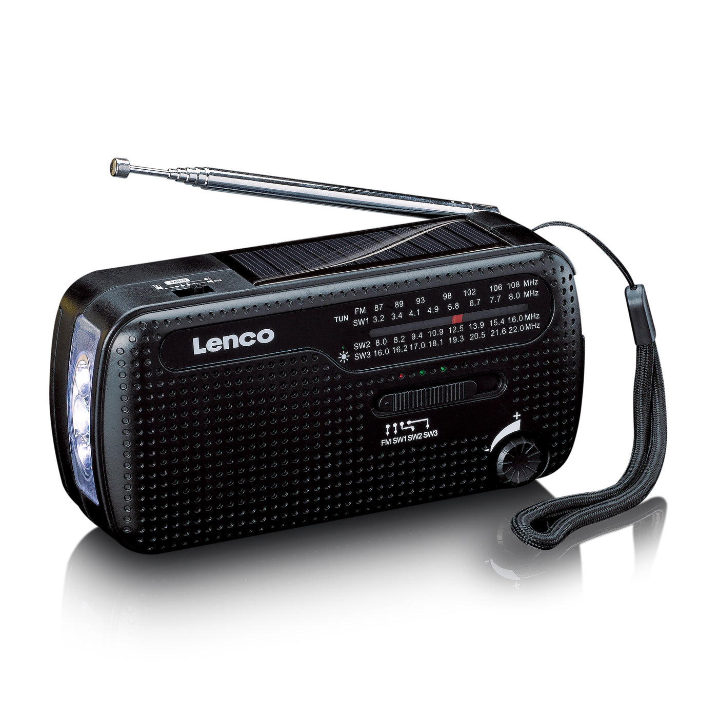 Lenco MCR-113BK - Tragbares Notfall Kurbelradio mit Aufziehfunktion, Taschenlampe und Powerbank in einem - Schwarz