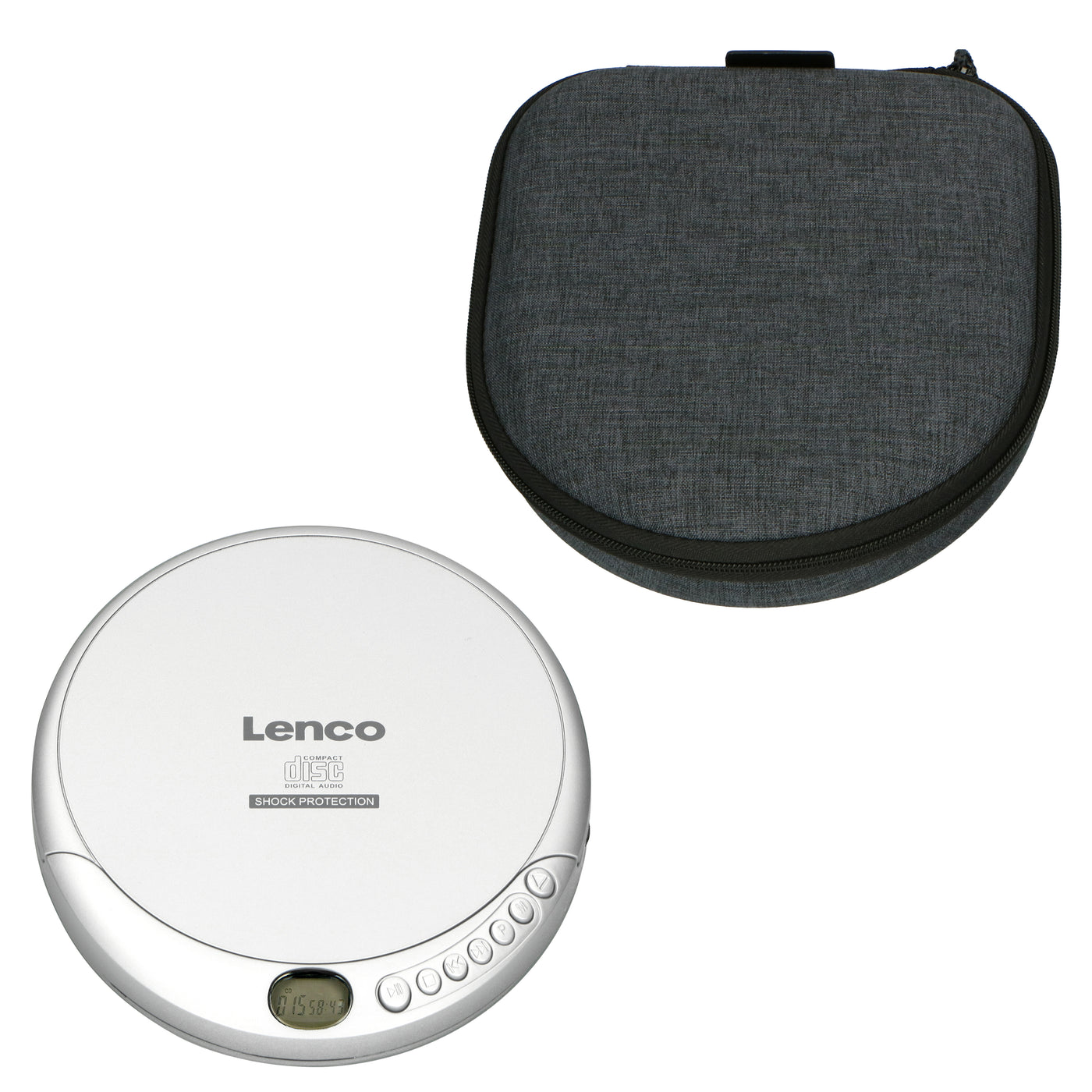 Lenco CD-201SI+PBC-50GY - Tragbarer CD/MP3-Player mit Anti-Schock-Schutz und praktischer Aufbewahrungstasche mit eingebauter Powerbank - Silber/Grau