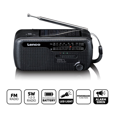 Lenco MCR-113BK - Tragbares Notfall Kurbelradio mit Aufziehfunktion, Taschenlampe und Powerbank in einem - Schwarz