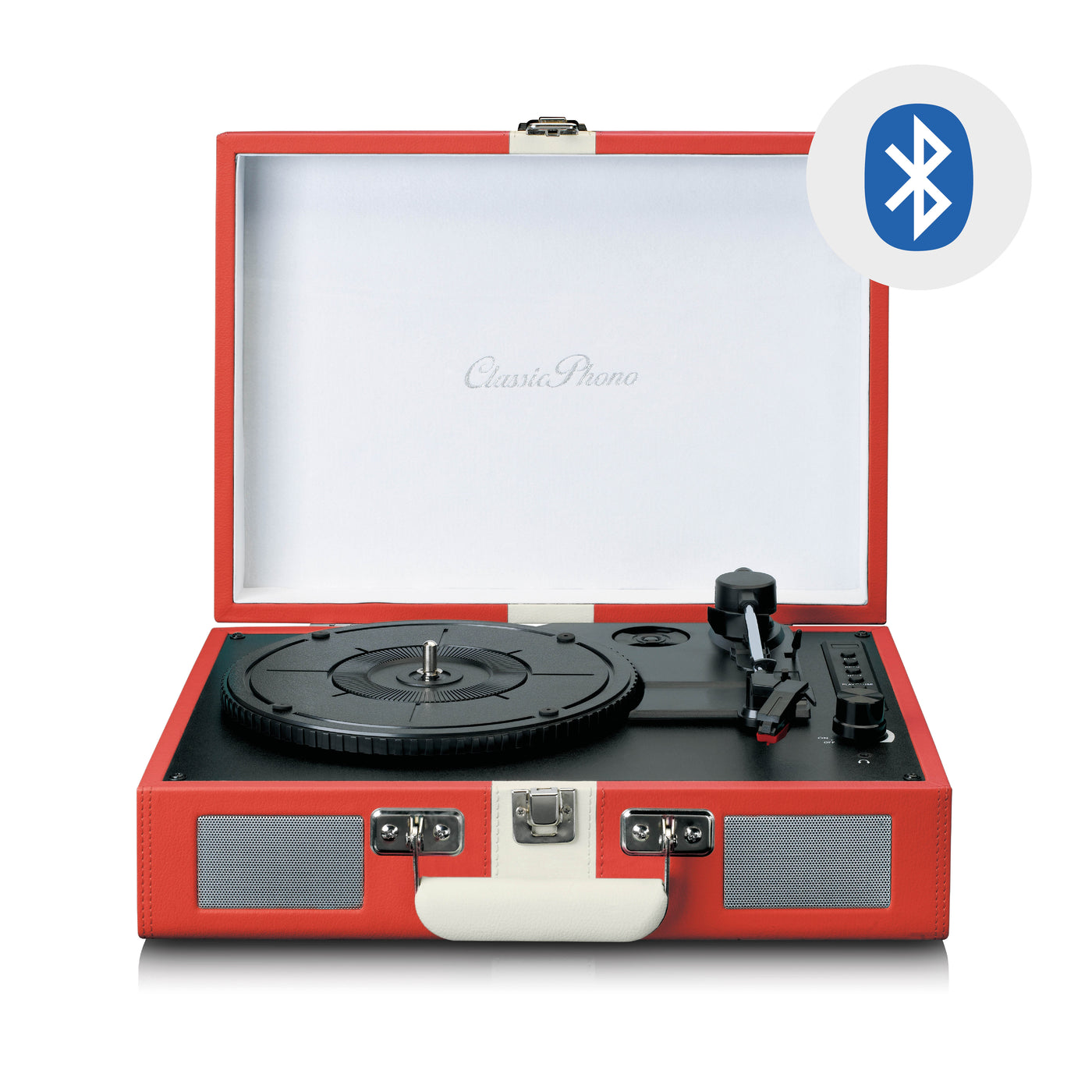Classic Phono TT-110RDWH - Plattenspieler mit Bluetooth®-Empfang und integrierten Lautsprechern - Rot/Weiß