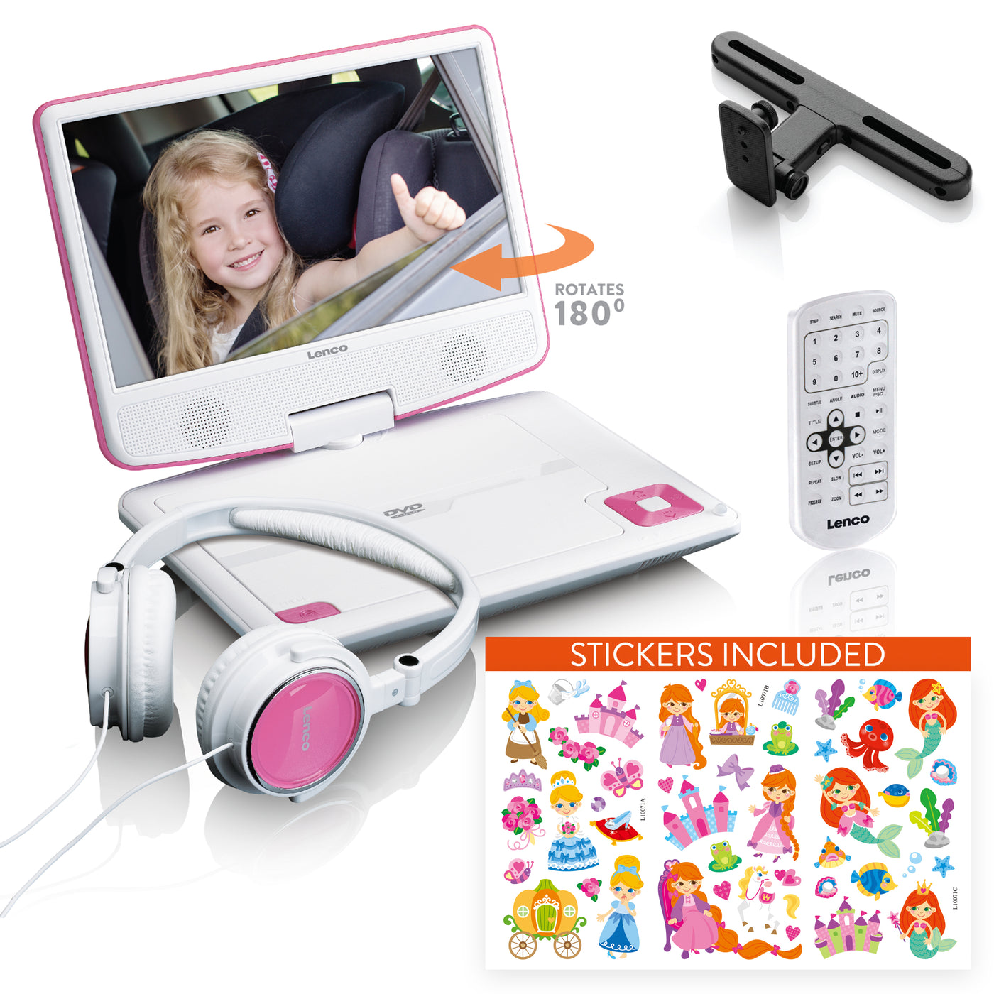 Lenco DVP-920PK - 9 Zoll tragbarer DVD-Spieler mit Kopfhörer und Kopfstützenbefestigung - integrierter Akku - USB-Eingang - Pink/Weiß